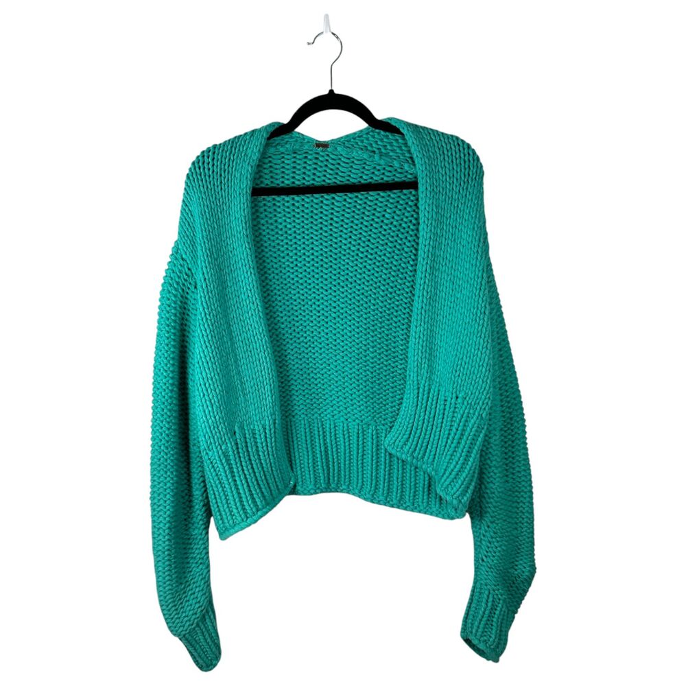Chunky Open-Front Cropped Sweater Cardigan - Teal